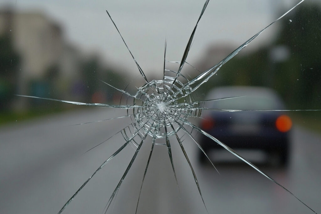 Broken windshield with a car driving by 68335140